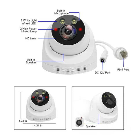 Close-up view of Reliable 32Ch 4K Indoor Dome Security Camera System With PoE NVR showcasing built-in mic, lens, and speaker.
