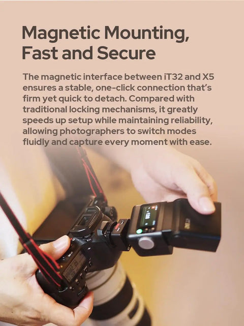 Person attaching iT32 TTL Camera Flash With X5S Wireless Trigger For Sony Pro Photogs And Vloggers Magnetic Hotshoe