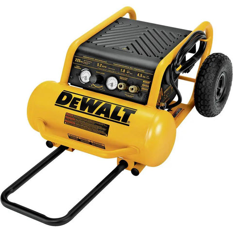 Heavy Duty Portable Air Compressor Featuring 4 5 Gallon Steel Tank And 225 Psi Maximum Pressure With Smooth Roll Wheels for quick hook ups.