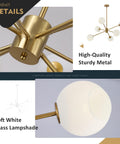 Six Light Modern Sputnik Chandelier Set With Milk Glass Globes, Gold White Brushed Brass Finish, Close-up Details
