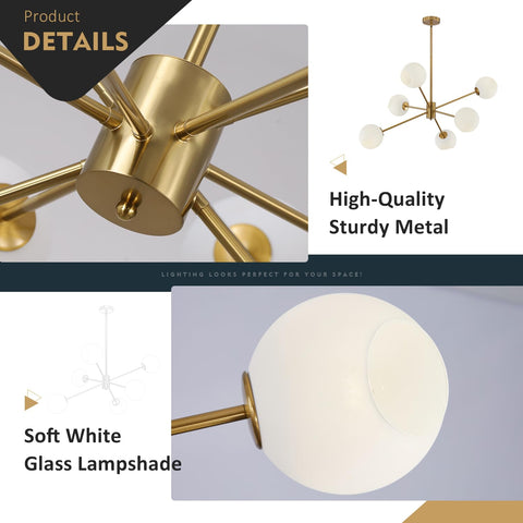 Six Light Modern Sputnik Chandelier Set With Milk Glass Globes, Gold White Brushed Brass Finish, Close-up Details