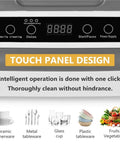 No Fuss Portable Countertop Dishwasher With Eight Liter Tank And Four Custom Wash Cycles Featuring Swift Air Dry Tech And Soft Led Buttons touch panel design with controls and icons for various dish types.