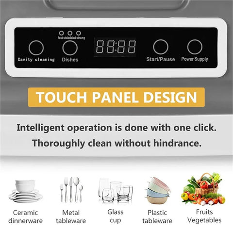 No Fuss Portable Countertop Dishwasher With Eight Liter Tank And Four Custom Wash Cycles Featuring Swift Air Dry Tech And Soft Led Buttons touch panel design with controls and icons for various dish types.