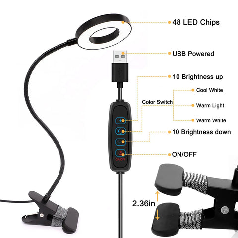 Clip On Desk Lamp With 48 LEDs, 3 Color Temperatures And 10 Dimmable Levels Per Mode, adjustable gooseneck and USB power