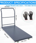 Load Up Your Gear On This Rock Solid Heavy Duty Flatbed Cart 60X30 2000 Lb Steel Platform Truck shown with dimensions and gloves.