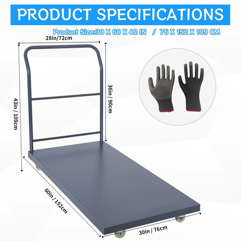 Load Up Your Gear On This Rock Solid Heavy Duty Flatbed Cart 60X30 2000 Lb Steel Platform Truck shown with dimensions and gloves.
