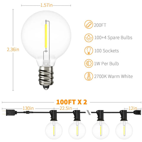 Diagram of Two Pack 100 Foot Outdoor String Lights With Dimmable G40 LED Bulbs That Are Shatterproof And Weatherproof End To End Connectable