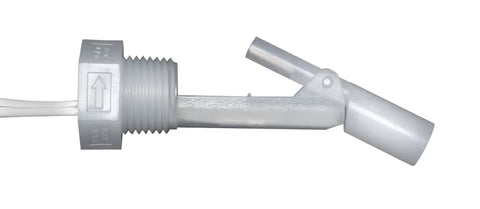 Liquid Level Sensor With Side Mount Float Switch, Polypropylene Construction, Half Inch NPT Thread, 24 Inch Lead Wires, close-up view