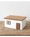 Wooden style hidden cable management box organizer for home office and TV setup, cord protector designed like a small house.