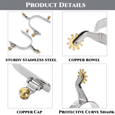 Two Pack Horse Spurs Set In Stainless Steel With Gear Copper Rowels, Cowboy Ready Western Boot Spurs For Men And Women
