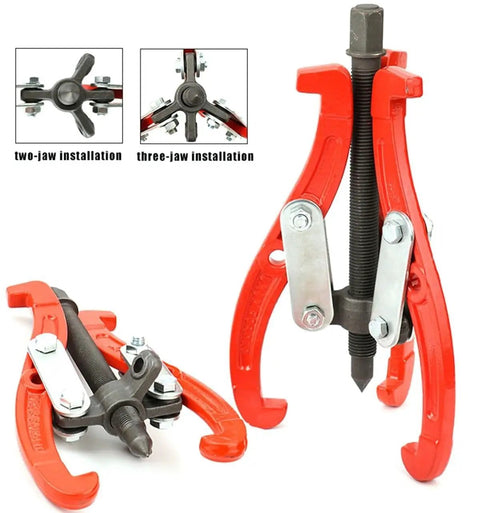 Beefy Heavy Duty Hydraulic Three Jaw Gear Puller Kit For Bearings, Pulleys, And Flywheels with two and three-jaw options displayed.