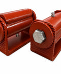 3.5-Inch Adjustable Roller Cage Hinges Heavy Duty Built Like a Tank with Grease Fitting for Easy Maintenance and Smooth Action Rated to Handle a Hefty 1000 Lbs per Pair Industrial Toughness 2 Unit Pack with red powder coating.