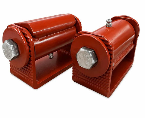 3.5-Inch Adjustable Roller Cage Hinges Heavy Duty Built Like a Tank with Grease Fitting for Easy Maintenance and Smooth Action Rated to Handle a Hefty 1000 Lbs per Pair Industrial Toughness 2 Unit Pack with red powder coating.