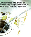Pro Grade 10 Foot Metal Drain Cleaner and Clog Remover With Flexible Drain Snake in kitchen sink removing food debris.