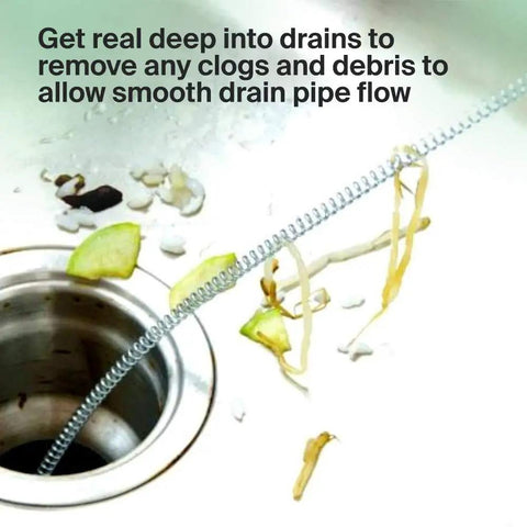 Pro Grade 10 Foot Metal Drain Cleaner and Clog Remover With Flexible Drain Snake in kitchen sink removing food debris.