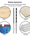 12 Inch Extra Long Brad Point Drill Bit Set 12 Pc Pro Grade High Carbon Steel shown with wood, plywood, plastic, PVC applications