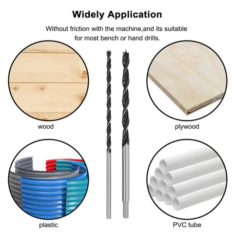 12 Inch Extra Long Brad Point Drill Bit Set 12 Pc Pro Grade High Carbon Steel shown with wood, plywood, plastic, PVC applications