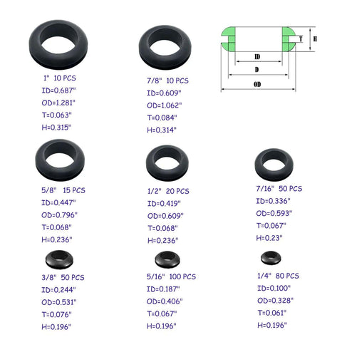 335 Pcs Rubber Grommets Assortment Kit Must Have With Eight Sizes From One Quarter Inch To One Inch For Wiring Automotive Electrical Cable Holes Weatherproof Gasket Set High Temp Elastic Durable shown with size chart and dimensions