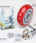 Rolls Like Butter 5Inch Red Polyurethane Swivel Castor Wheels With Brakes 4Pack showing components including wheel, bracket and bearings.