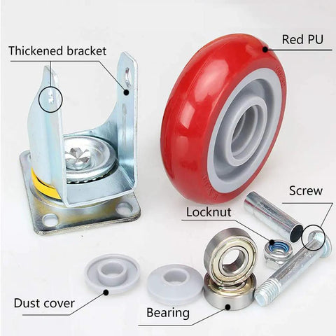 Rolls Like Butter 5Inch Red Polyurethane Swivel Castor Wheels With Brakes 4Pack showing components including wheel, bracket and bearings.