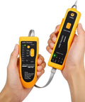 Hands holding wire tracker tool from Pass Through RJ45 Crimp Tool Kit For Network Installations With Wire Tracker 110 88 Punchdown Tool Cat6 Cat5e Cat5 Crimping Tool And Wire Stripper In Sturdy Carrying Case