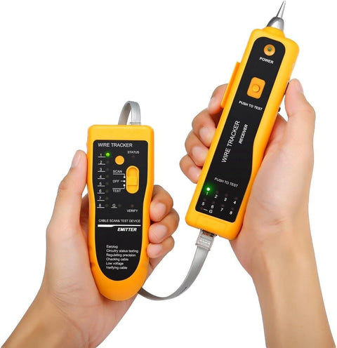 Hands holding wire tracker tool from Pass Through RJ45 Crimp Tool Kit For Network Installations With Wire Tracker 110 88 Punchdown Tool Cat6 Cat5e Cat5 Crimping Tool And Wire Stripper In Sturdy Carrying Case