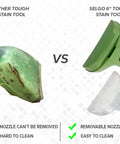 Comparison of Green 6 Inch Tough Stain Brush Tool with removable nozzle vs non-removable nozzle.
