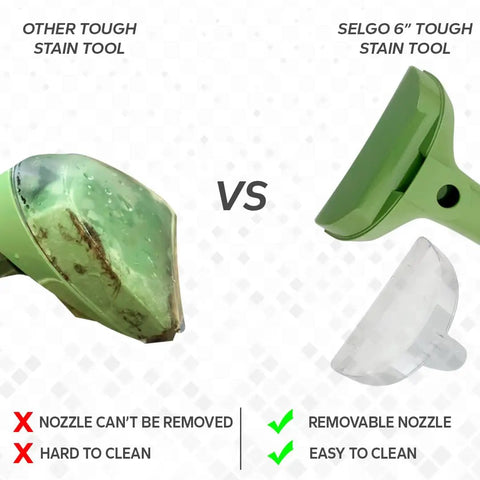 Comparison of Green 6 Inch Tough Stain Brush Tool with removable nozzle vs non-removable nozzle.