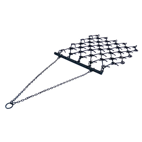 Heavy Duty Drag Harrow For ATVs And UTVs With A 4 Foot By 4 Foot Frame Seven Rows Of Sturdy One Half Inch Tines 129 Lb Weight Tow Chain