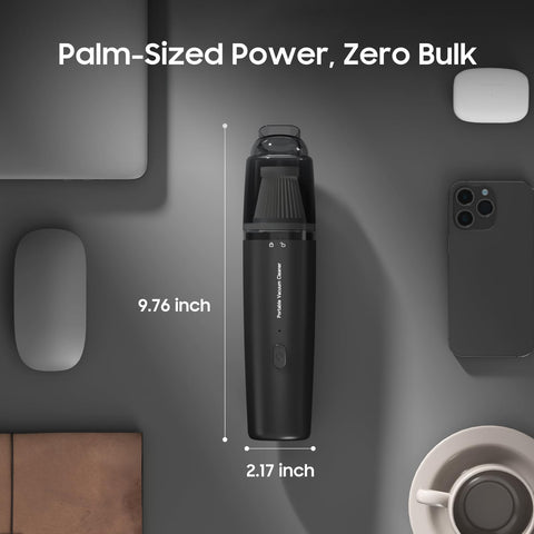 Cordless Handheld Vacuum Cleaner, Ultralight and Super Handy for One-Handed Cleanups in Car, Home, Office, 2 in 1 Suction and Blower, 2 Modes, Rechargeable Mini Vacuum for Pet Hair, Dust, Keyboards, Black, shown on desk with dimensions