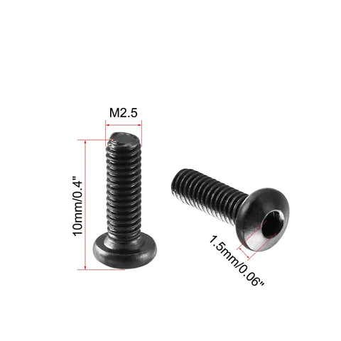 M2.5 X 8MM Button Head Hex Socket Cap Screw Bolts 100 Piece Set Heavy Duty with slick black coating, measuring 10mm height.