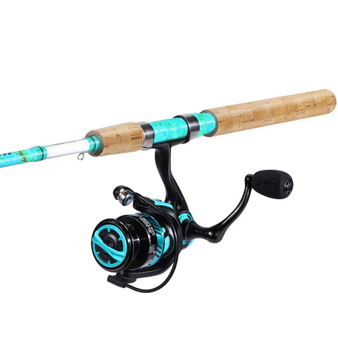 Solid Spinning Fishing Rod And Reel Combo 5 Feet 6 Inches 2 Piece Graphite And Fiberglass Rod With Durable Build And Quickset Anti Reverse Reel 1 Pack Perfect For Beginners And Pros, showing cork handle and blue accents.