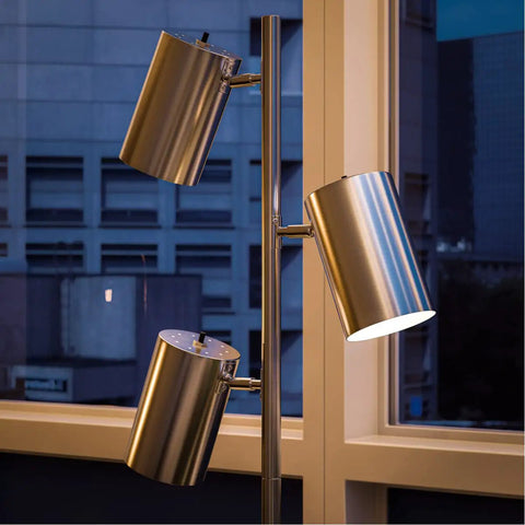 Ultra Tall Industrial Tree Floor Lamp With Three Adjustable Spotlights In Brushed Steel Finish, 64 Inches High And 13 Inches Wide