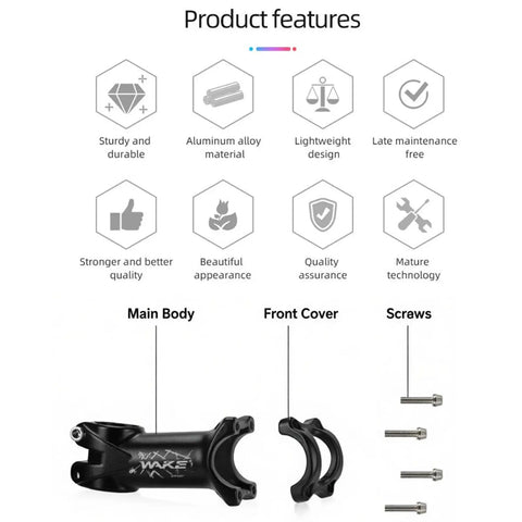 Product features of Dope Bike Stem For MTB E-Bike And Road Bikes, showing main body, front cover, and screws, with icons for material and design.