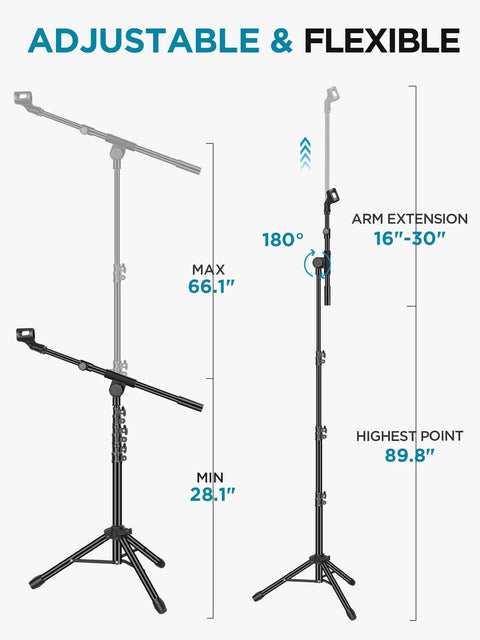 Heavy Duty Floor Microphone Stand With Boom Arm, Adjustable Tripod From 28.1 To 89.8 Inches, diagram showing max height and boom arm adjustment.