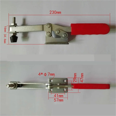 Horizontal Quick Positioning Toggle Clamps For Heavy Duty Welding And Precision Tooling Fixtures GH203F side view with red grip handle.