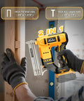 Smooth Operator 18 Gauge Cordless Brad Nailer And Stapler Brushless Design Works Like A Dream With DeWalt 20V Batteries. Handheld tool showing 2-in-1 functionality for brad nails and staples.