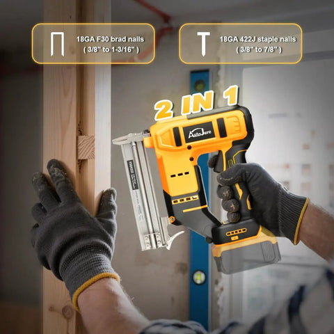 Smooth Operator 18 Gauge Cordless Brad Nailer And Stapler Brushless Design Works Like A Dream With DeWalt 20V Batteries. Handheld tool showing 2-in-1 functionality for brad nails and staples.