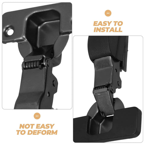 Close-up view of soft close cabinet door hinges with silent buffer, hidden mount, shown in black finish, easy to install.