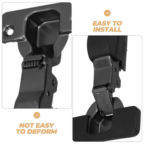 Close-up of black soft close cabinet door hinges with no slam silent buffer damper concealed mounting hardware for kitchen cabinets and wardrobe doors two stage closing mechanism one pair set