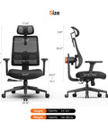Front and side view of Ergonomic Office Chair With Auto Following Lumbar Support, Adjustable Headrest, and seat dimensions.