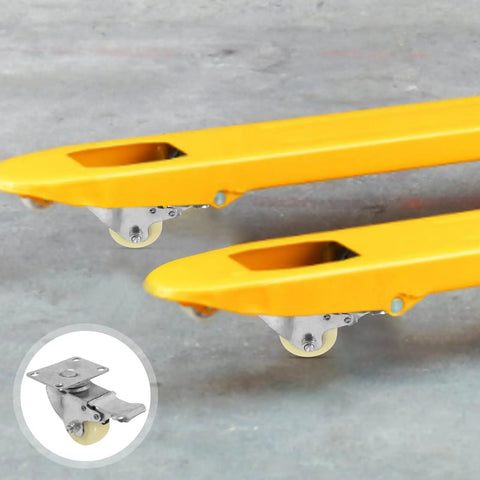 Heavy Duty 5 Inch Nylon Brake Caster Wheels With Rock Solid Stainless Steel Plate on yellow utility cart for easy transport