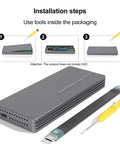 Installation steps for Built Tough 40Gbps M.2 NVMe SSD Enclosure with tools included, featuring a sleek gray aluminum design.