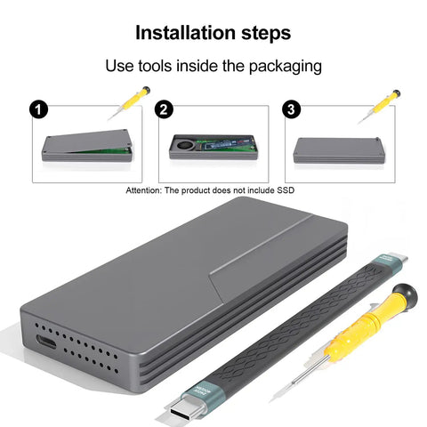 Installation steps for Built Tough 40Gbps M.2 NVMe SSD Enclosure with tools included, featuring a sleek gray aluminum design.