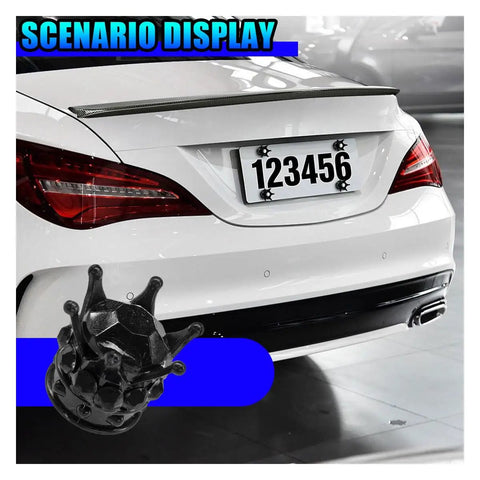 Fresh Swag Heavy Duty Bling License Plate Screw Kit With Rhinestone Diamond Crown Bolts installed on a white car's rear.