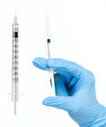 100 Pack 1ml Syringe With 30 Gauge Half Inch Needle Individually Wrapped Pro Grade Lab Supplies For Precision Dosing Easy One Hand Use Smooth Inner Wall Airtight Plunger Ready For Bulk Medical And Scientific Tasks, gloved hand holding syringe
