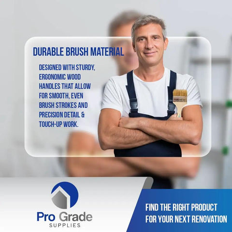 Man holding a paintbrush promoting durable brush material with wood handles for Chip Brush Set 24 Pack With Natural China Bristle.