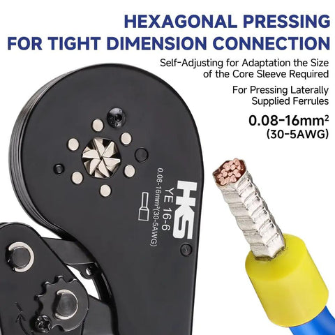 Hexagonal crimping tool from Pro Grade Ferrule Crimping Tool Kit For AWG 30 To 5 With 1200 Red Copper Terminals displayed.