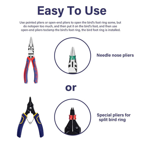 Needle nose and special pliers for Open Aluminum Bird Leg Rings For Pigeons Parrots Doves And More Mixed Colors 50 Pack.