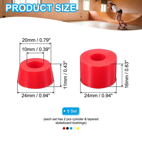 Skateboard Truck Bushing Rebuild Kit 5 Set 90A PU Longboard Bushings with cylinder and tapered red pieces, size measurements shown.